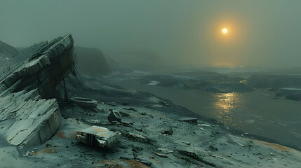 A dystopian solar planet with ruins of a once-great civilization and a dim sun