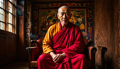 Naklejka premium Elderly Bhutanese Monk in Traditional Robe