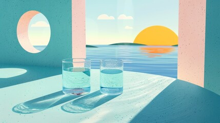 Sunset Ocean View with Refreshing Drinks - Summer Vacation, Relaxation Inspiration, Design for Print, Card, Poster