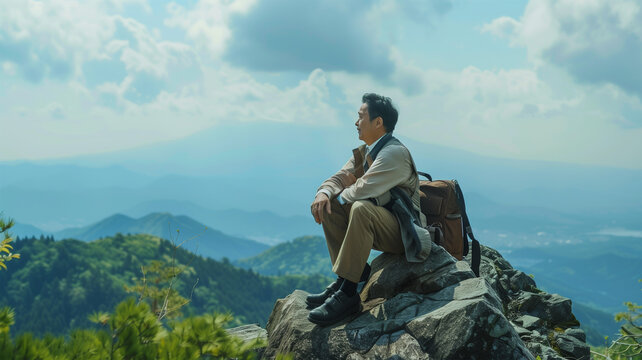 夏の富士山登山で休憩するビジネスマン