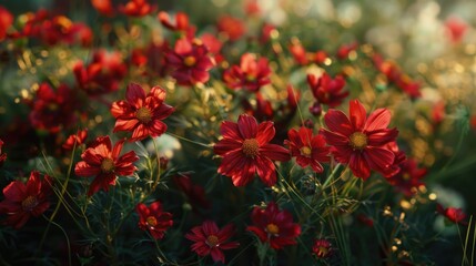 A bright and colorful image featuring a vibrant arrangement of red flowers basking in warm sunlight