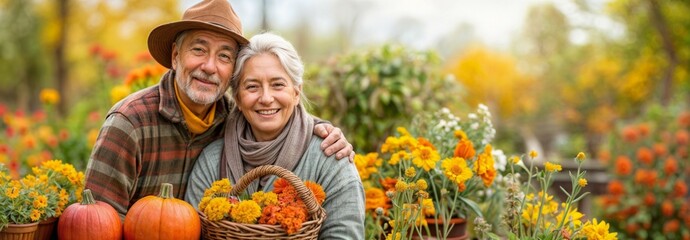 Senior farmer couple with autumn pumpkin and flower. Older people near garden or backyard. Happy mature family with Thanksgiving or Halloween fall vegetables and flowers. Adults in gardening banner
