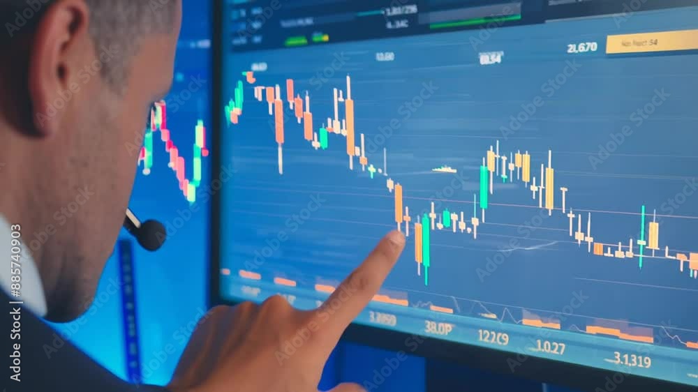 Poster analyst examining stock market data on computer screen generative ai