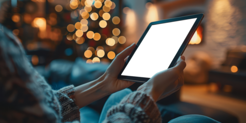 A person holding a tablet with a transparent screen, wrapped in a cozy knitted blanket. The setting is indoors, representing a warm and relaxed environment, suitable for winter or cozy home themes