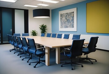 Fototapeta premium modern conference room with a large rectangular table, blue chairs, and yellow mustard accents on the walls