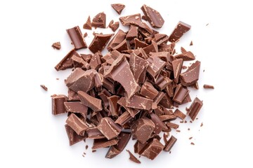 A pile of chocolate pieces on a white surface