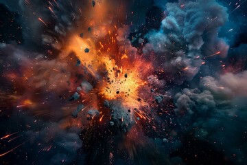 Fototapeta premium Illustration of a vibrant cosmic explosion in outer space. Featuring a fiery supernova event in a mesmerizing interstellar nebula with stars and debris