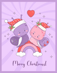 Merry Christmas card. Cute loving couple of Holiday snails girl and boy in Santa hat on rainbow. Funny groovy insect kawaii character. Vector Vertical Festive illustration