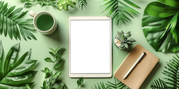 Tablet with a transparent screen placed on a green background surrounded by lush green plants, a cup of green tea, and a notebook with a pen. Represents eco-friendly technology and a natural lifestyle