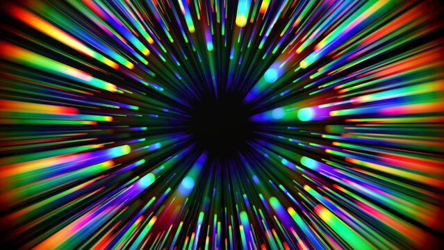 Portal for hyperspace jump at the speed of light. Colorful glowing light rays inside the infinite tunnel. Time warp. Traveling in space. Big bang. Abstract rainbow refraction background. 3d render