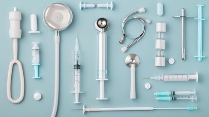 Obraz premium A flat lay displays various tools used in patient care, including stethoscopes and syringes