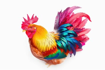 Fototapeta premium A lively chicken with colorful watercolor feathers isolate on white background