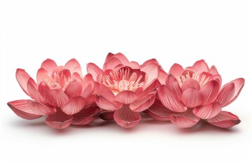 Five brilliant pink lotus flowers isolated on a white surface with a white background 