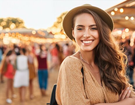 Mujer moderna y joven sonriendo con sombrero, efecto bokeh