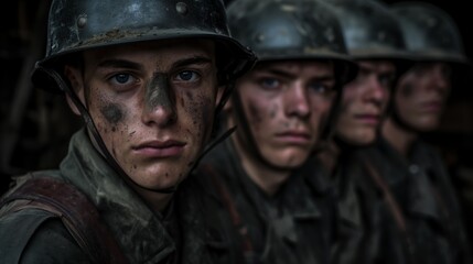 Fototapeta premium Portrait of a German soldier with energized and fierce features. German soldiers during war looking vibrant under cinematographic lighting.