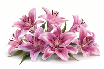 A beautiful illustration of five pink lilies placed on a white surface, set against a clean white background. The lilies are depicted in a delicate and realistic style.