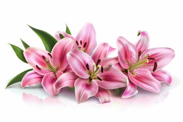 A beautiful illustration of five pink lilies placed on a white surface, set against a clean white background. The lilies are depicted in a delicate and realistic style.