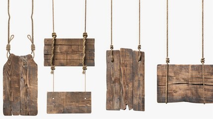 A collection of wooden signs suspended from a rope, with various symbols and messages