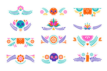 Mexican decorative frames and borders, colorful vector collection. Flowers, paper garlands, skulls corners, borders, frames