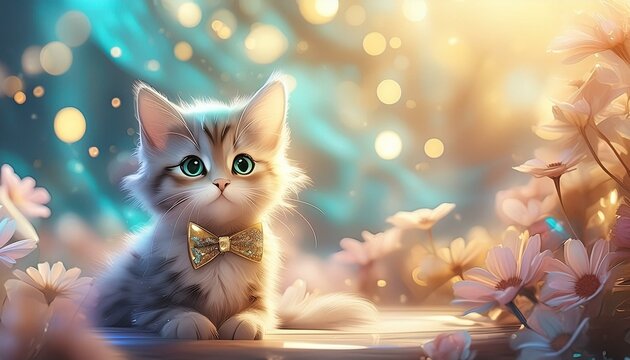 Gatita con lazo y fondo efecto bokeh desenfocado