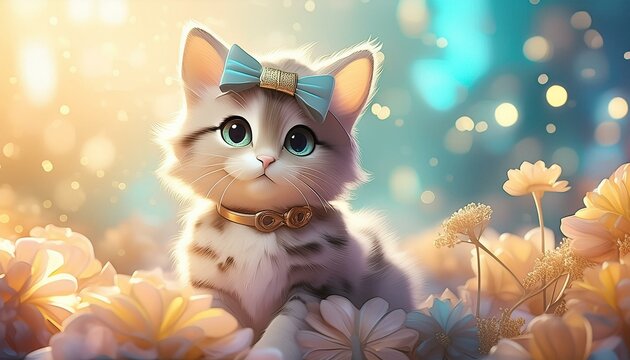 Gatita con lazo y fondo efecto bokeh desenfocado