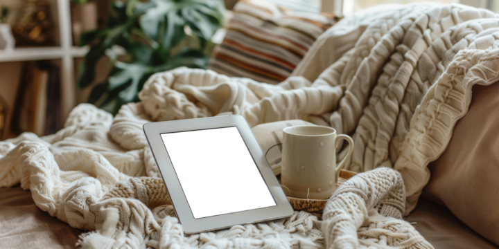 Tablet with a transparent screen laying on a cozy couch with a blanket. Concept of technology and comfort. Ideal for tech, lifestyle, and home decor businesses. Emphasizes relaxation and connectivity.