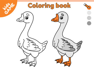 Page of kids coloring book with cartoon goose. Color the outline farm bird. Educational activity book for kindergarten and school children. Vector contour baby illustration.