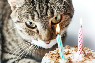 A joyful cat surrounded by a delicious cake with one candle, celebrating its special day on a clean white background. The cat's bright eyes and smile convey pure happiness.