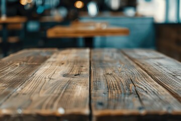 In a bustling cafe, an empty brown wooden table awaits new visitors, ready to host conversations and laughter over delicious pastries