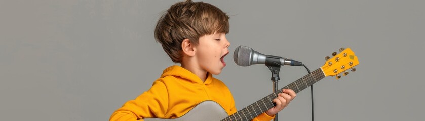 Boy playing guitar and singing into toy microphone