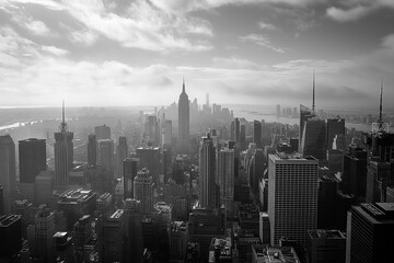 Morning aerial photography of New York City skyscrapers in black and white, USA