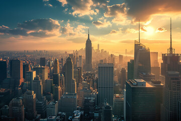 Obraz premium Photo of New York skyscrapers at sunset from a bird's eye view, USA