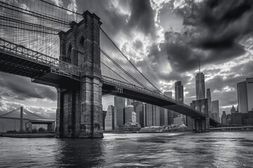 Landscape black and white photograph of Brooklyn Bridge in New York, USA. View from East River embankment to Manhattan