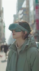 Fototapeta premium Young Woman Experiencing Virtual Reality Technology Outdoors in the City - Concept of Future and Innovation