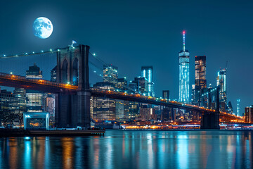 Naklejka premium Landscape photo of Brooklyn Bridge in New York at midnight, USA. View from the East River to Manhattan