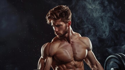 Obraz premium Portrait of handsome sporty man with naked muscular torso doing weight lifting 