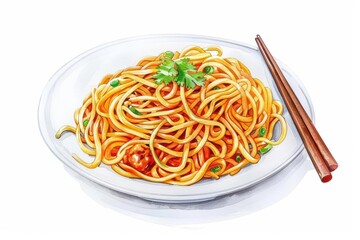 Lo mein with watercolor flavors and savory details isolate on white background