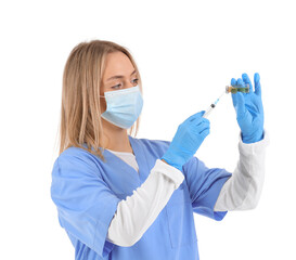 Female nurse with ampule and syringe on white background. Vaccination concept