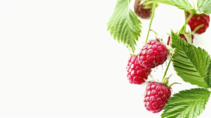 A cluster of ripe raspberries hanging from a tree branch, ready to be picked