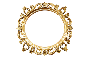 Antique baroque gold wooden round picture frame isolated on transparent background. Decorative elegant luxury frame design, rococo style. PNG, cutout.
