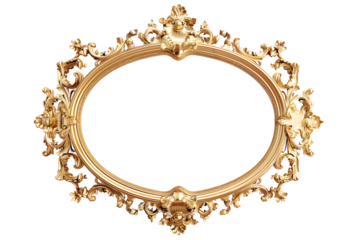 Antique baroque gold wooden oval picture frame isolated on transparent background. Decorative elegant luxury frame design, rococo style. PNG, cutout.