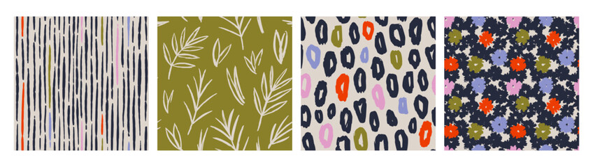 Naklejka premium Set of Abstract contemporary seamless pattern with hand drawn flower shapes, spots, dots and lines with textures. Vibrant boho print. Modern collage vector illustration
