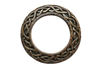Antique сeltic wooden round picture frame isolated on transparent background. Decorative intricate detailed frame design, knot carvings style. PNG, cutout.