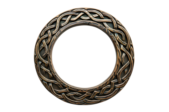 Antique сeltic wooden round picture frame isolated on transparent background. Decorative intricate detailed frame design, knot carvings style. PNG, cutout.