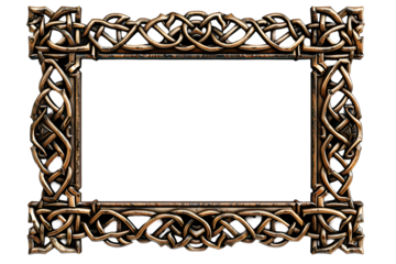 Antique сeltic wooden rectangular picture frame isolated on transparent background. Decorative intricate detailed frame design, knot carvings style. PNG, cutout.