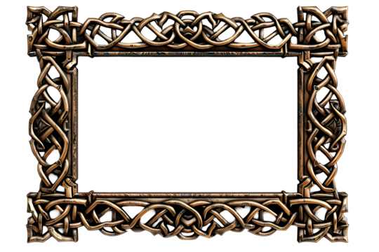 Antique сeltic wooden rectangular picture frame isolated on transparent background. Decorative intricate detailed frame design, knot carvings style. PNG, cutout.