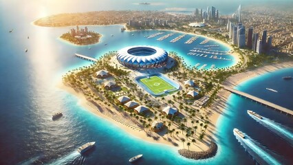 Futuristic Coastal City with Stadium on Island - Saudi Vision 2030, Ai Vision