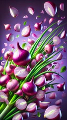 A dynamic and artistic composition featuring vibrant red onions and green onions against a purple background, with sliced onion pieces creating a sense of motion and freshness.

