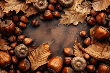 Warm, seasonal backdrop featuring dried leaves and hazelnuts on a wooden surface