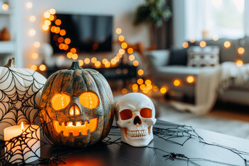 Halloween pumpkin with burning candle inside and skull creating scary mood at home
